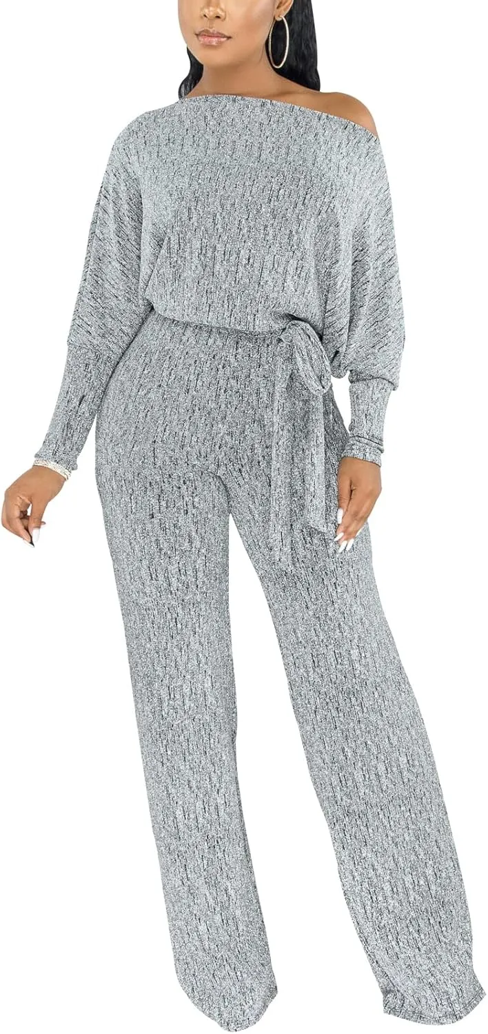 ZonJie Jumpsuits for Women Elegant Sexy Sparkly Sequin Off Shoulder Pants Long Sleeves Wide Leg Clubwear Rompers