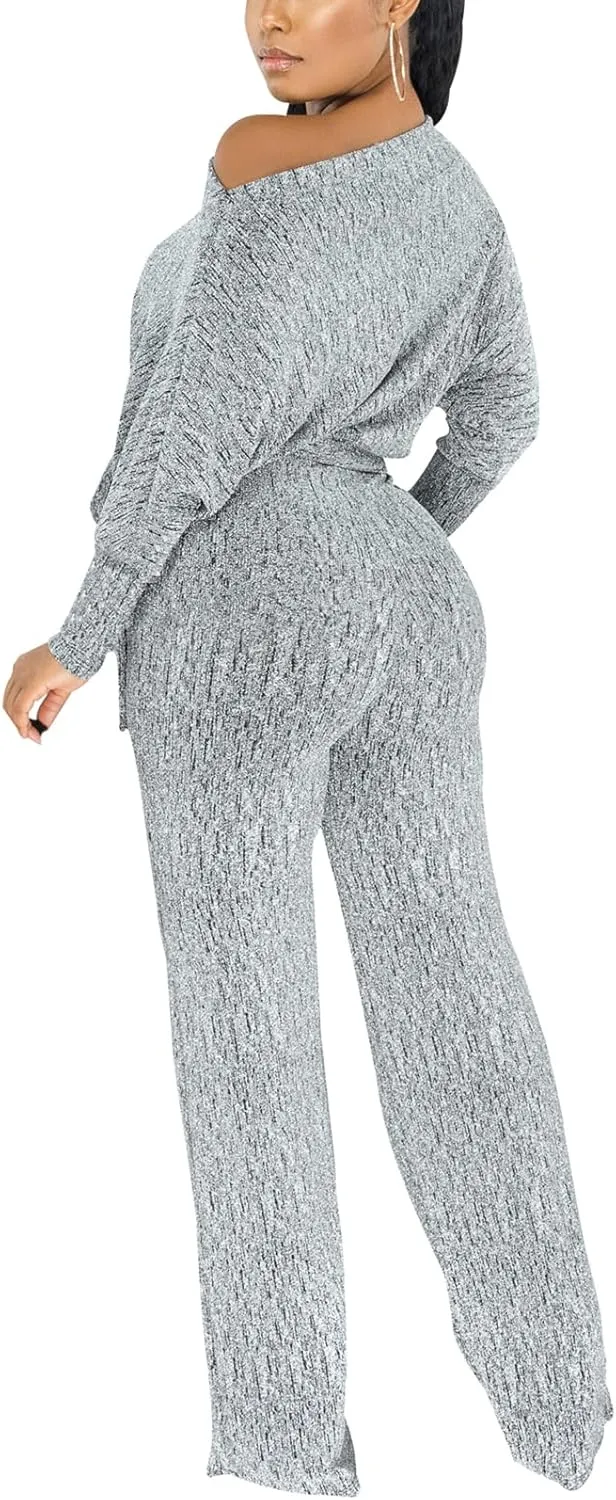 ZonJie Jumpsuits for Women Elegant Sexy Sparkly Sequin Off Shoulder Pants Long Sleeves Wide Leg Clubwear Rompers