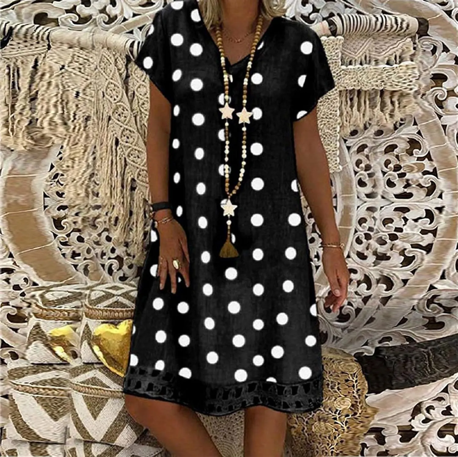 ZYXTIM Summer Beach Dress for Women V Neck Short Sleeve Polka Dot Loose Cute Print Boho Vacation Sundress