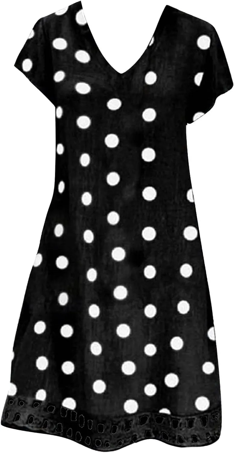 ZYXTIM Summer Beach Dress for Women V Neck Short Sleeve Polka Dot Loose Cute Print Boho Vacation Sundress