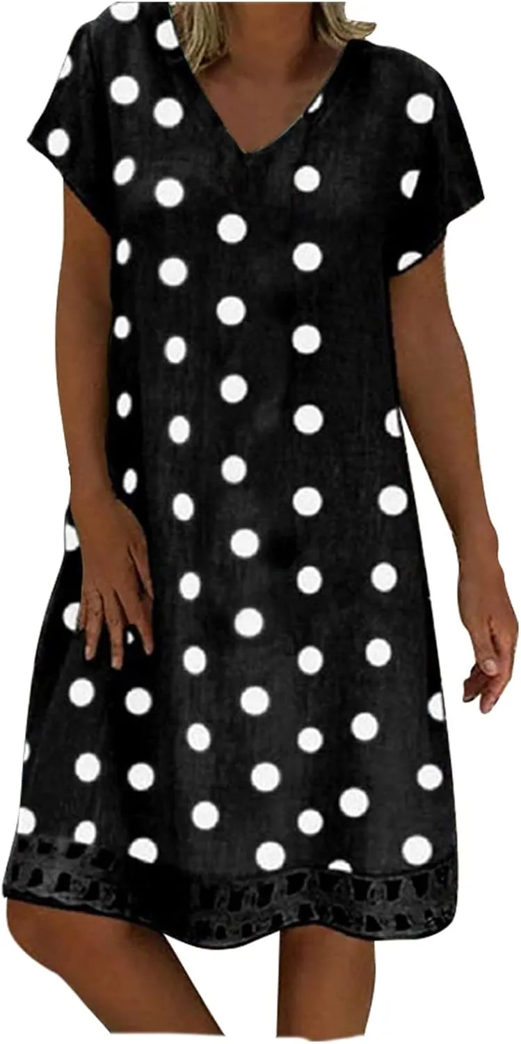 ZYXTIM Summer Beach Dress for Women V Neck Short Sleeve Polka Dot Loose Cute Print Boho Vacation Sundress