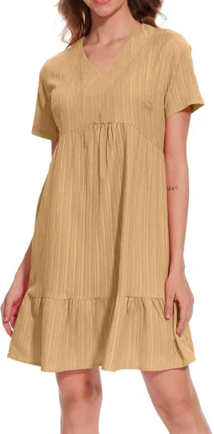 ZYXTIM Summer Dresses for Women 2025 V Neck Short Sleeve Casual Loose Flowy Swing Dress Plus Size Plain Boho Beach Sundress