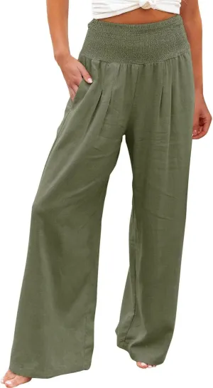ZYXTIM Womens Linen Palazzo Pants Marble Print Boho Summer Beach Trousers High Rise Wide Leg Casual Lounge Pant with Pockets