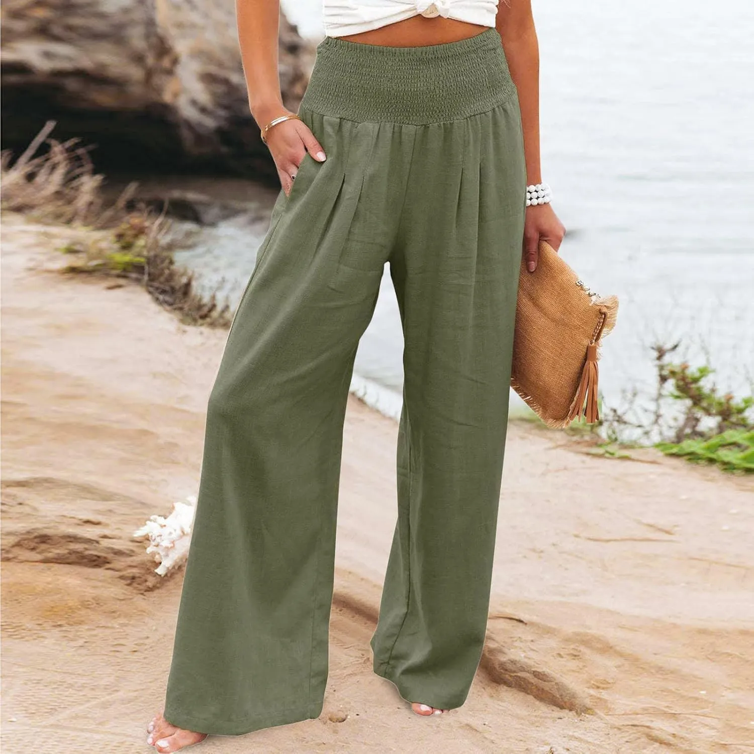 ZYXTIM Womens Linen Palazzo Pants Marble Print Boho Summer Beach Trousers High Rise Wide Leg Casual Lounge Pant with Pockets