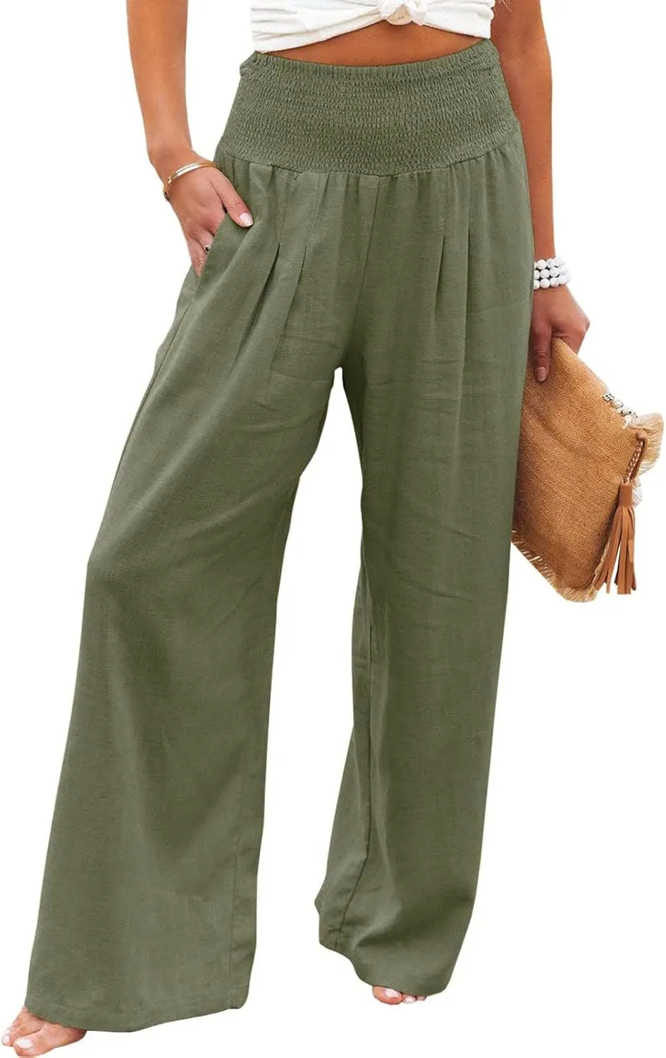 ZYXTIM Womens Linen Palazzo Pants Marble Print Boho Summer Beach Trousers High Rise Wide Leg Casual Lounge Pant with Pockets